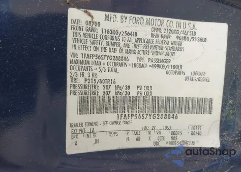 2000 Ford Taurus Sel from USA, damaged, VIN 1FAFP56S7YG288846